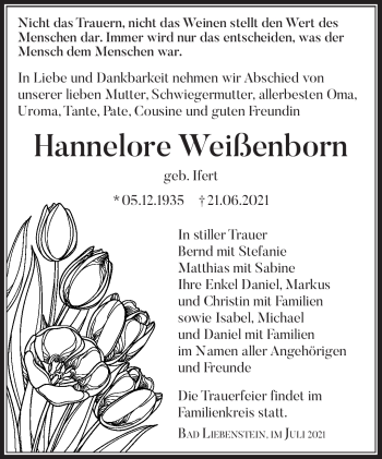 Traueranzeige von Hannelore Weißenborn von Südthüringer Presse