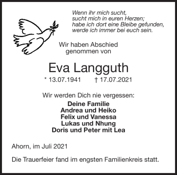 Traueranzeige von Eva Langguth von Neue Presse Coburg