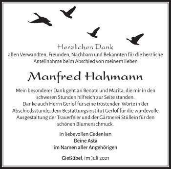 Traueranzeige von Manfred Hahmann von Südthüringer Presse