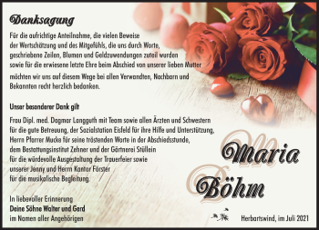 Traueranzeige von Maria Böhm von Südthüringer Presse
