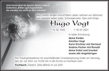 Traueranzeige von Hugo Vogt von Südthüringer Presse