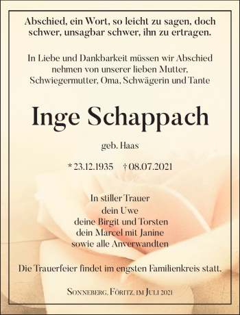 Traueranzeige von Inge Schappach von Südthüringer Presse
