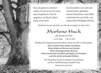 Traueranzeige von Marlene Huck von Südthüringer Presse