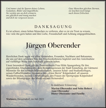 Traueranzeige von Jürgen Oberender von Südthüringer Presse