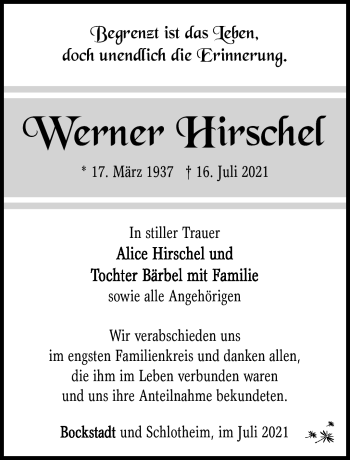 Traueranzeige von Werner Hirschel von Südthüringer Presse