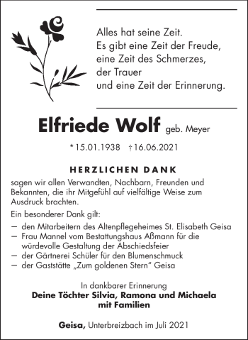 Traueranzeige von Elfriede Wolf von Südthüringer Presse