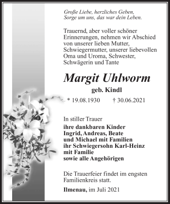 Traueranzeige von Margit Uhlworm von Südthüringer Presse