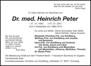 Traueranzeige von Dr. med. Heinrich Peter von Neue Presse Coburg