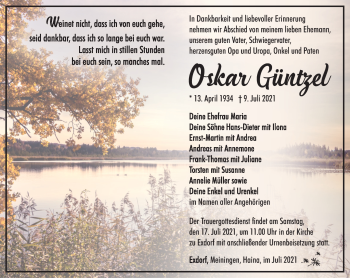 Traueranzeige von Oskar Güntzel von Südthüringer Presse