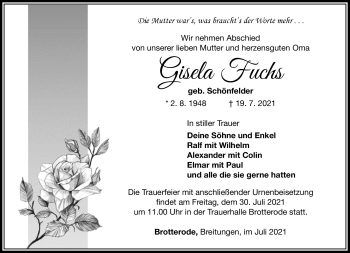 Traueranzeige von Gisela Fuchs von Südthüringer Presse