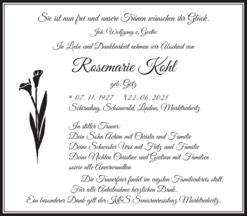 Traueranzeige von Rosemarie Kohl von Frankenpost
