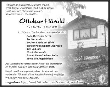 Traueranzeige von Ottokar Hörold von Südthüringer Presse