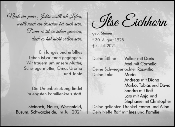 Traueranzeige von Ilse Eichhorn von Südthüringer Presse