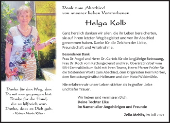 Traueranzeige von Helga Kob von Südthüringer Presse