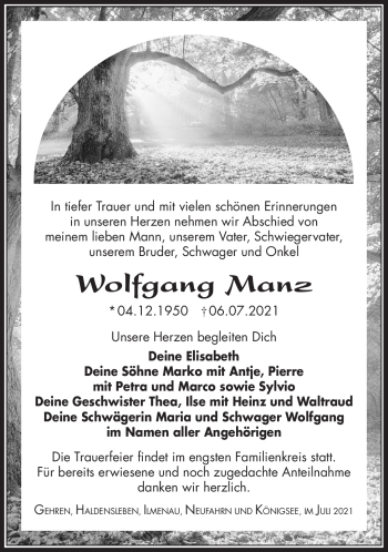 Traueranzeige von Wolfgang Manz von Südthüringer Presse