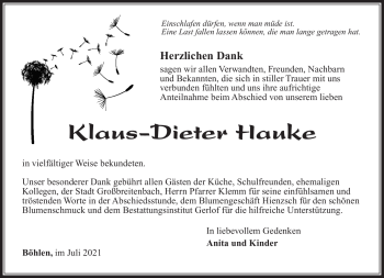 Traueranzeige von Klaus-Dieter Hauke von Südthüringer Presse
