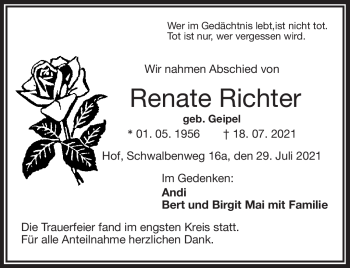Traueranzeige von Renate Richter von Frankenpost