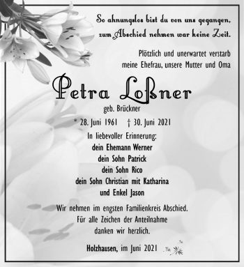 Traueranzeige von Petra Loßner von Südthüringer Presse