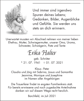 Traueranzeige von Erika Halter von Südthüringer Presse