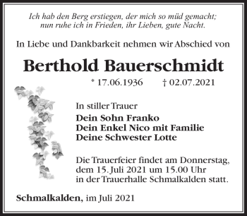 Traueranzeige von Berthold Bauerschmidt von Südthüringer Presse