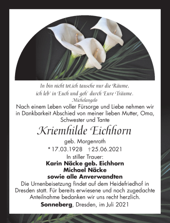 Traueranzeige von Kriemhilde Eichhorn von Südthüringer Presse