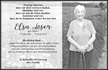Traueranzeige von Elsa Löser von Südthüringer Presse