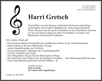 Traueranzeige von Harri Gretsch von Südthüringer Presse