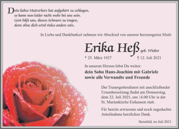 Traueranzeige von Erika Heß von Südthüringer Presse