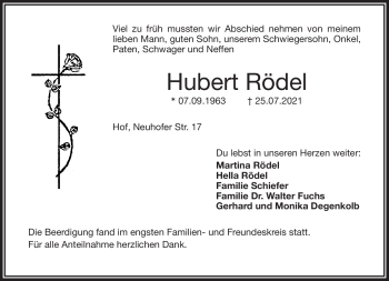 Traueranzeige von Hubert Rödel von Frankenpost