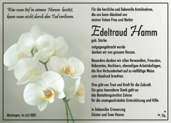 Traueranzeige von Edeltraud Hamm von Südthüringer Presse