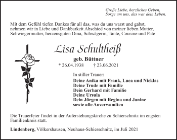 Traueranzeige von Lisa Schultheiß von Südthüringer Presse