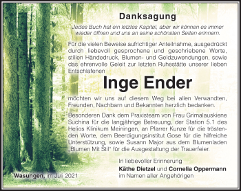 Traueranzeige von Inge Ender von Südthüringer Presse