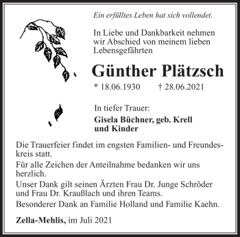 Traueranzeige von Günther Plätzsch von Südthüringer Presse