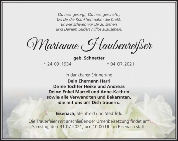 Traueranzeige von Marianne Haubenreißer von Südthüringer Presse