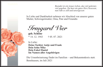 Traueranzeige von Irmgard Vier von Südthüringer Presse