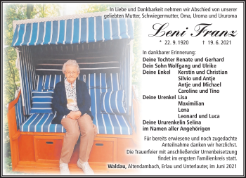 Traueranzeige von Leni Franz von Südthüringer Presse