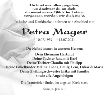 Traueranzeige von Petra Mager von Südthüringer Presse