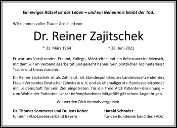 Traueranzeige von Reiner Zajitschek von Frankenpost