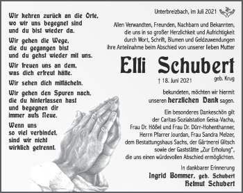 Traueranzeige von Elli Schubert von Südthüringer Presse