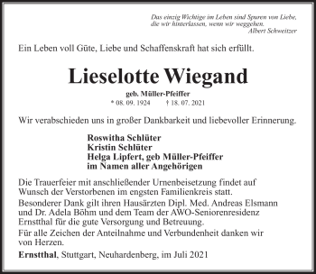 Traueranzeige von Lieselotte Wiegand von Südthüringer Presse