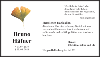 Traueranzeige von Bruno Häfner von Südthüringer Presse