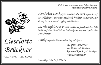 Traueranzeige von Lieselotte Brückner von Südthüringer Presse