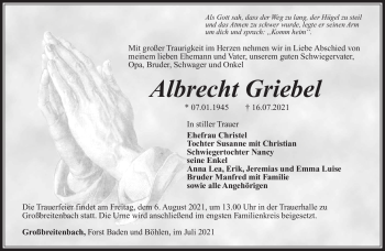 Traueranzeige von Albrecht Griebel von Südthüringer Presse