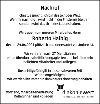Traueranzeige von Roberto Halbig von Südthüringer Presse