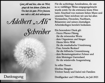 Traueranzeige von Adelbert Schreiber von Südthüringer Presse