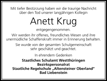 Traueranzeige von Anett Krug von Südthüringer Presse