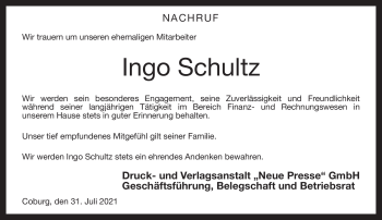 Traueranzeige von Ingo Schultz von Neue Presse Coburg