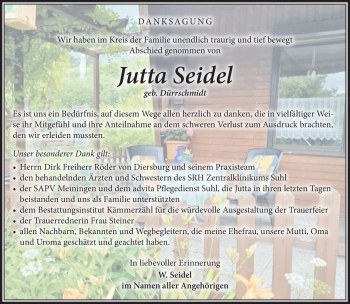Traueranzeige von Jutta Seidel von Südthüringer Presse