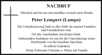 Traueranzeige von Peter Lampert von Frankenpost