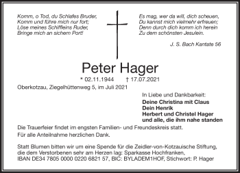 Traueranzeige von Peter Hager von Frankenpost